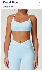 Aqua Blaues Yoga Set mit V-Form High Waist Leggings und Sport BH mit schmalen Trägern