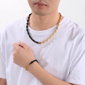 Polished black and gold stainless steel pig nose chain necklace and bracelet set for men