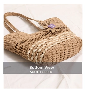 Detail of woven straw bag showing floral accent and intricate texture on white fabric