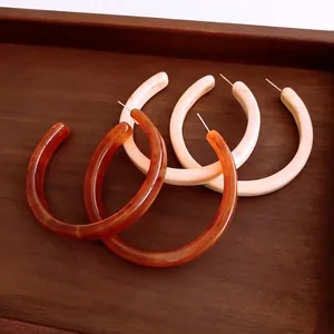 C-Shaped Hoop Earrings Resin Acrylic Amber Marble Pattern Vintage Retro Style For Women With 925 Sterling Silver Earring Post