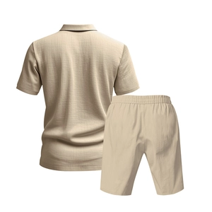 Rear view of beige linen polo shirt and shorts set with seersucker texture and elastic waist