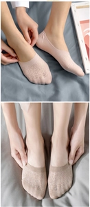 Detail of skin-tone lace invisible low-cut socks showing mesh texture and fit on foot