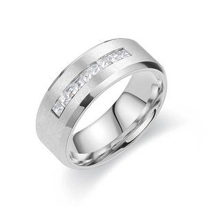 Detail of brushed titanium steel band ring featuring a row of square-cut clear zirconia