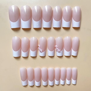 French style long square press-on nails in nude pink with 3D floral and gold bead accents