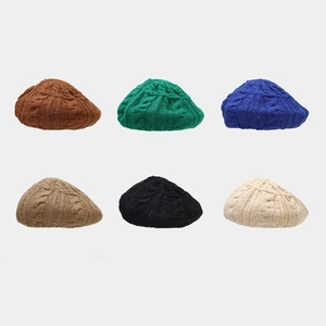 Women Cable Knit Beret Acrylic Warm Winter Beanie Painter Hat Adjustable Solid Color Retro Fashion Accessory