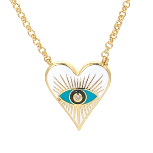 Gold-plated heart necklace with white enamel evil eye pendant and zircon accent