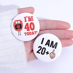 Funny 40th birthday tinplate badges with I'M 40 TODAY and I AM 20+ humorous text