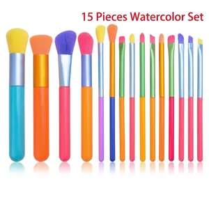 Set of 15 colorful watercolor brushes with various tips for artistic painting