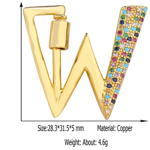 Detail showing 28.3x31.5x5mm copper letter W pendant with colorful zircons and clasp