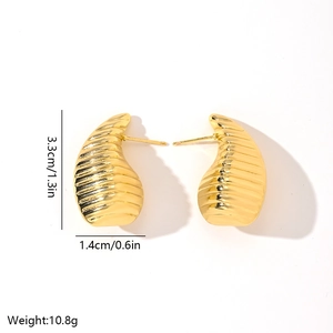 Detailed macro view showing the textured ribbing and dimensions of gold water drop earrings