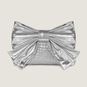 Silver bow-shaped crossbody handbag with woven texture for women 2024 collection