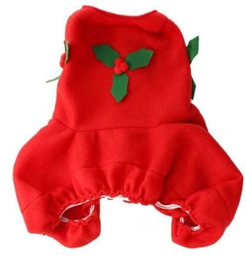 Detail of red fleece Christmas pet outfit with festive holly leaf and berry decoration