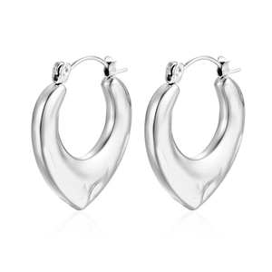 Polished silver heart hoop earrings in stainless steel with secure leverback closure