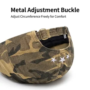 Washed camo baseball cap back view with brass adjustment buckle and star embroidery