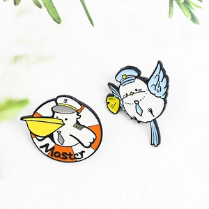 Cute cartoon nautical bird enamel pins set featuring sailor bird and captain seagull badges