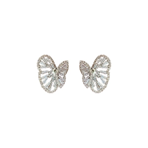Silver butterfly stud earrings with sparkling cubic zirconia on a clean white background