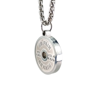 Polished silver stainless steel weight plate necklace with No Pain No Gain engraving
