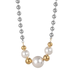 Elegant gold and silver tone pearl necklace with beaded chain on white background