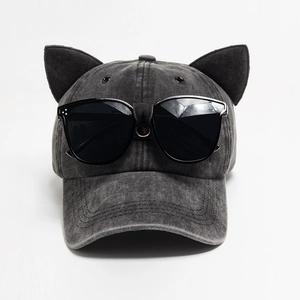 Distressed dark grey washed baseball cap with 3D cat ears and integrated sunglasses