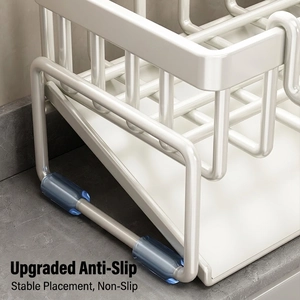 White sink organizer detail with blue non-slip silicone foot pads and stable metal frame