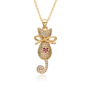 Gold plated cat pendant necklace with pavé zircons and a pink heart-shaped crystal