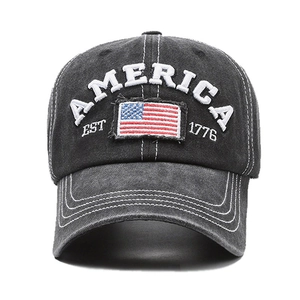 Vintage charcoal grey cotton baseball cap with embroidered America flag and letter design