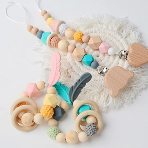 Baby wooden pacifier clip set with silicone beads and crochet animal teething ring