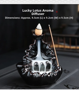 Detailed view of black ceramic lotus backflow incense burner showing smoke flowing on petals
