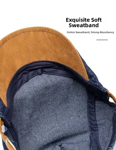Close-up of denim beret hat showing high-quality interior sweatband and stitching