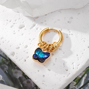 Chic gold stainless steel hoop earrings with blue gradient butterfly pendant on white stone