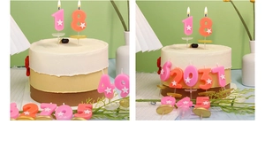 Candele per compleanno rosa e arancioni con stelle su una torta in stile festa