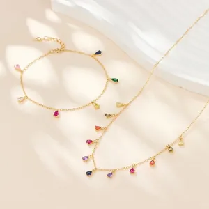 Rainbow Teardrop Zircon Necklace And Bracelet 925 Sterling Silver Water Drop Pendant Dainty Clavicle Chain Jewelry For Women