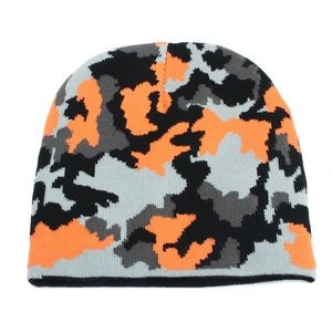 Winter camouflage knit beanie in orange and grey for outdoor skiing and hiking