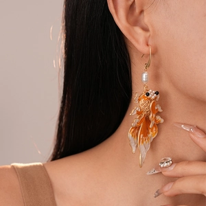 New Chinese koi fish earrings with orange enamel and pearls on gold hooks