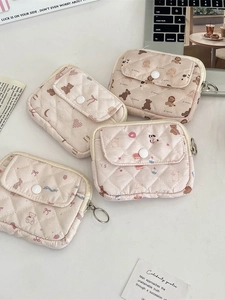 Quilted floral coin purse with cute bear pattern, flip cover and ring zipper closure