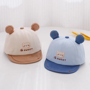 Cute Baby Baseball Cap Cotton Blend Short Brim Peaked Hat With 3D Bear Ears Cartoon Embroidery Sun Protection For Infant