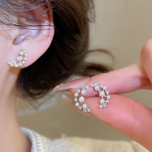 Moon Crescent Artificial Pearl Zircon Stud Earrings With 925 Sterling Silver Earring Post Vintage French Elegant Jewelry For Women