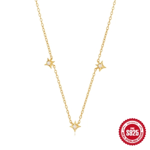S925 Sterling Silver Four-Pointed Star Tassel Pendant Necklace Gold Plated Zirconia Opal Dainty Clavicle Chain Jewelry For Women