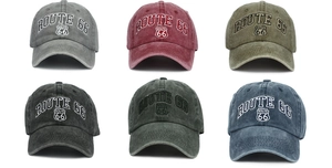 Detailed display of six color options for the Route 66 vintage washed cotton baseball caps