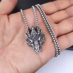 Vintage silver dragon head pendant necklace with stainless steel square pearl chain