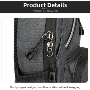 Detail view of smooth double zippers and mesh side pocket on a grey crossbody backpack