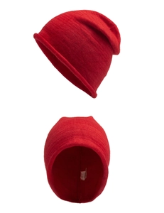 Detail view of red rabbit hair knit hat showing thick texture and FREE SIZE inner label