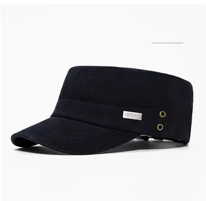 Detail of navy blue military cap with breathable metal eyelets and side metal brand tag