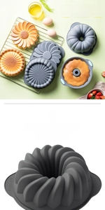 Close-up of a grey silicone sunflower cake mold with flexible food-grade texture