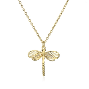 Gold plated dragonfly necklace with sparkling zircons on a delicate chain over white background