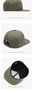 Close-up of olive green waffle texture baseball cap with adjustable buckle and interior lining