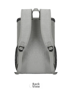 Back view of gray insulated picnic backpack featuring wide shoulder straps and mesh side pockets