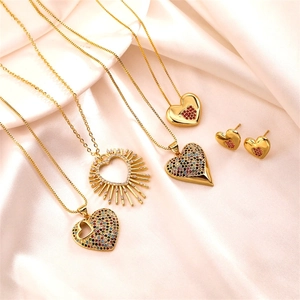 Fashion Heart Pendant Necklace Earrings For Women Copper Zircon Micro Paved Colorful Sunburst Elegant Trend Jewelry