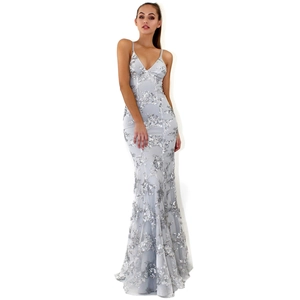 Detail of light blue mermaid evening dress with silver sequins and floral embroidery