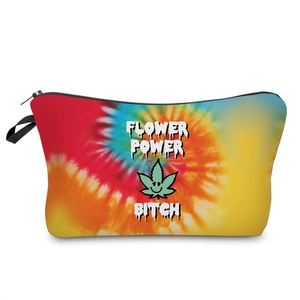 Colorful tie-dye cosmetic bag with Flower Power text and smile graphic on white background